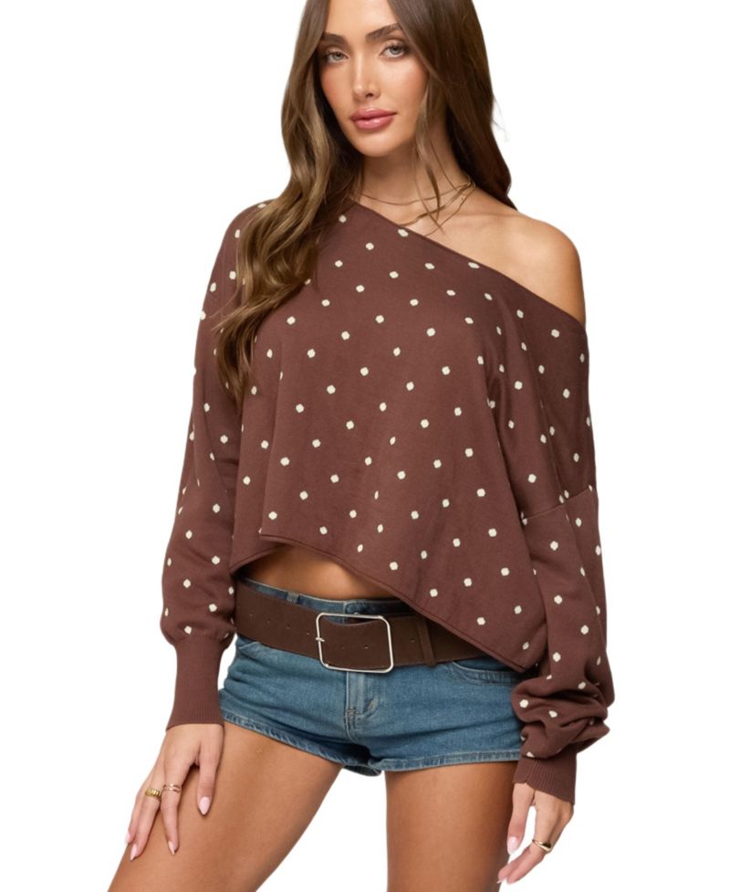 Women's Oversized Off Shoulder Polka Dot Sweater