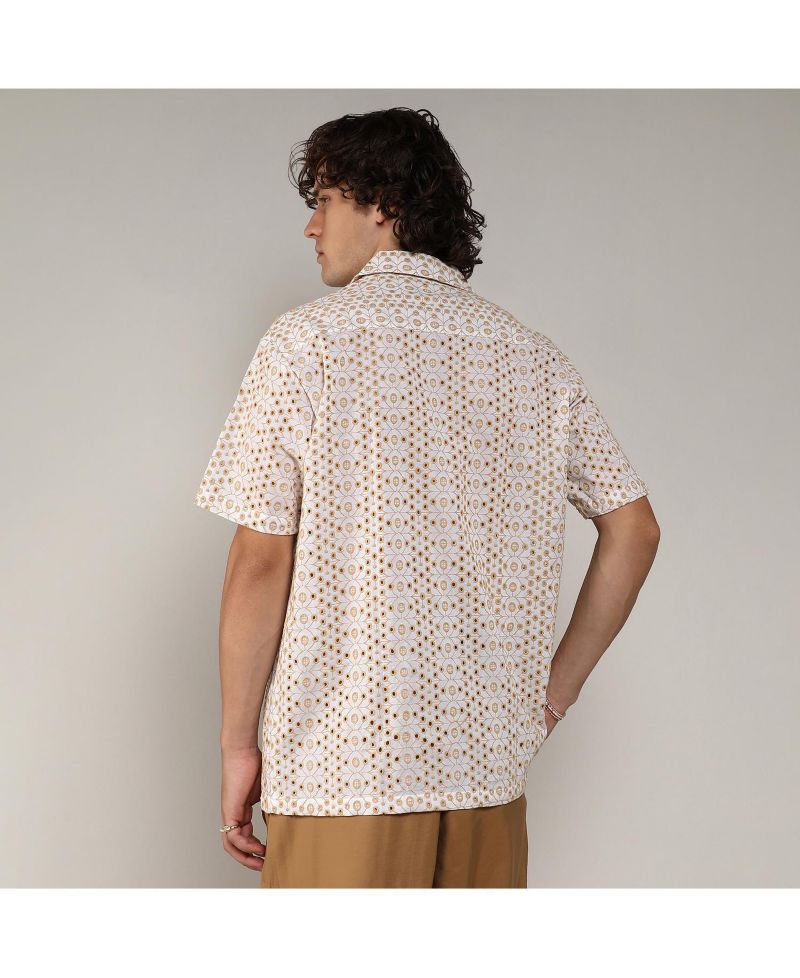 Men's Off-White & Tan Brown Embroidered Circular Shirt