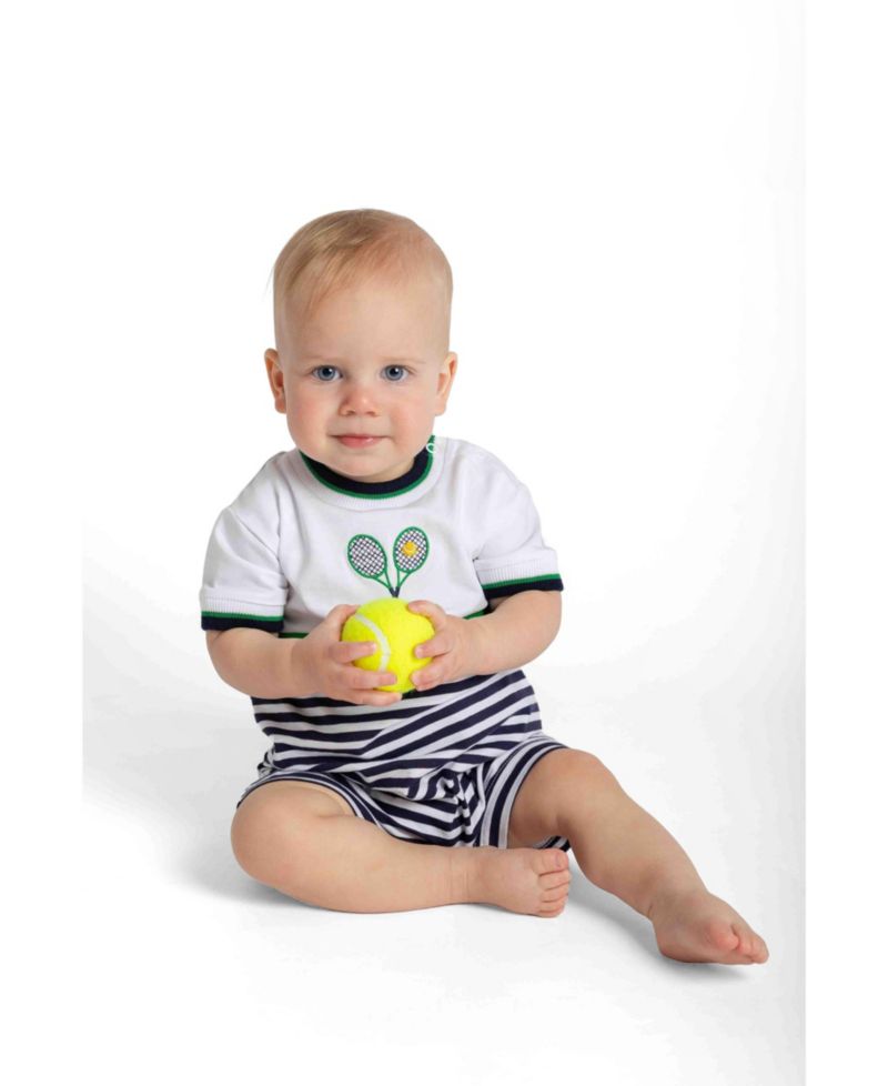 Baby Boy Stripe Knit Shortall with Tennis Rackets