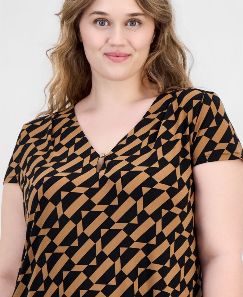Plus Size Printed V-Neck Cap-Sleeve Top