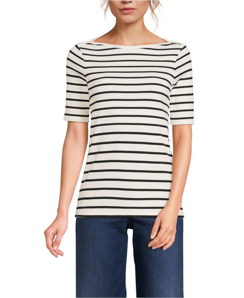 Women's Supima Cotton Elbow Sleeve Boatneck Button Shoulder Tee