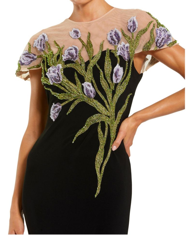 Petite Jersey Floral Embroidered Illusion Neck Gown