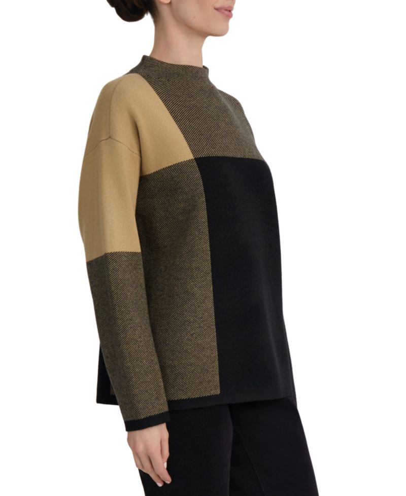 Women's Mock Neck Jacquard Colorblock Sweater