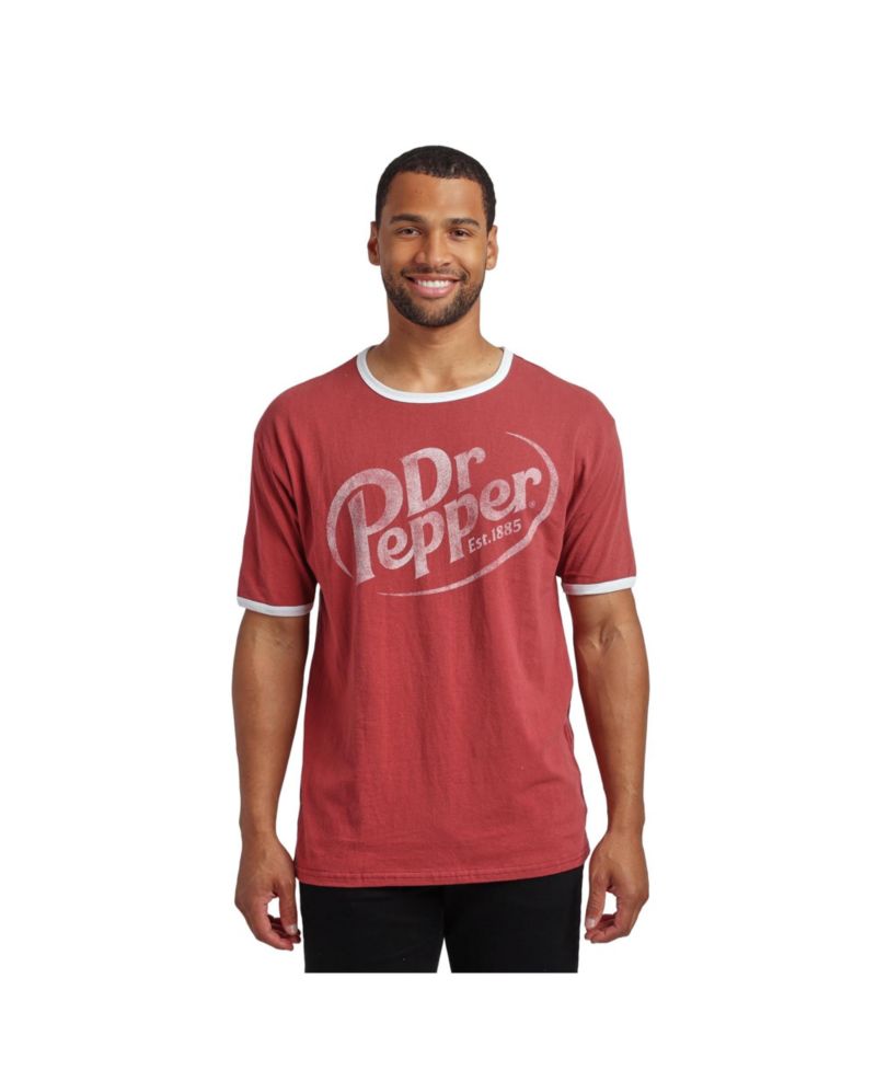Men's Dr Pepper Logo Crew Neck Short Sleeve Red Ringer Tee -Large