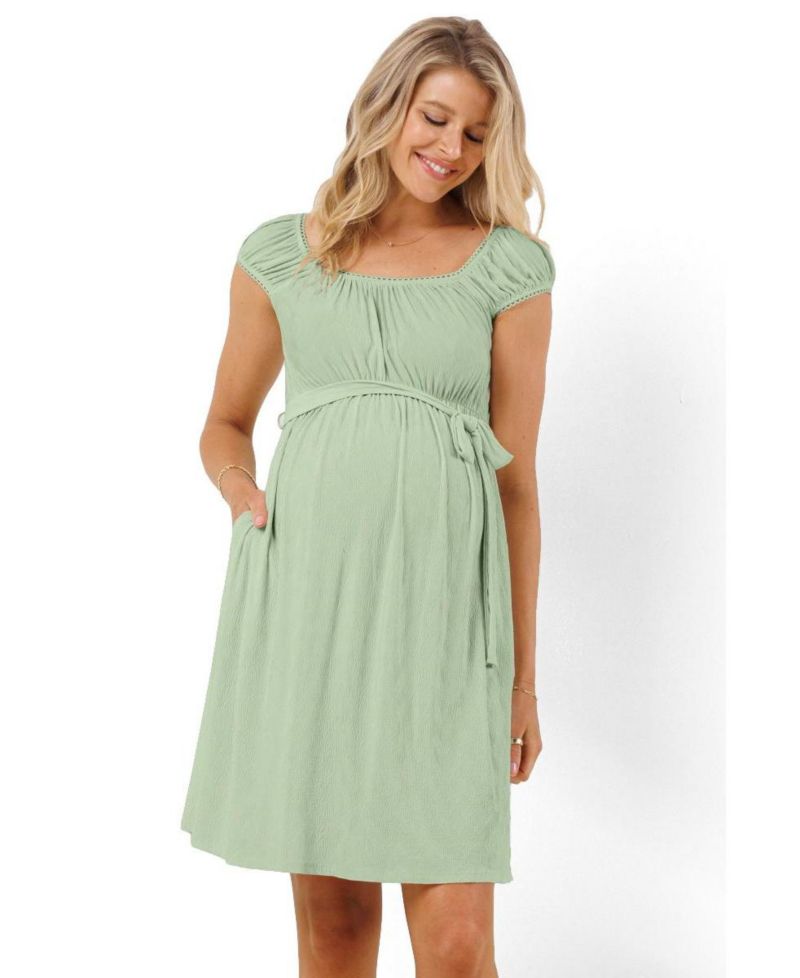 Maternity Cap Sleeve Textured Empire Waist Dress with Pockets