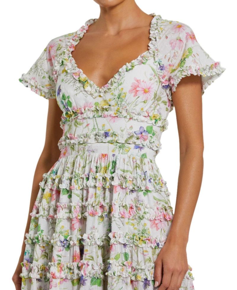 Women's Cap Sleeve V Neck Open Back Floral Cotton Dress