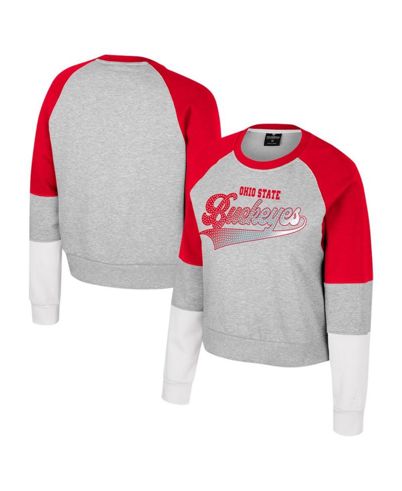 Women's Heather Gray Ohio State Buckeyes Katinka Rhinestone Scoop Neck Pullover Sweatshirt
