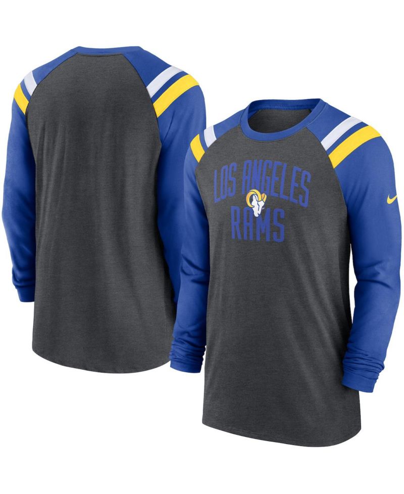 Men's Heathered Charcoal, Royal Los Angeles Rams Tri-Blend Raglan Athletic Long Sleeve Fashion T-shirt