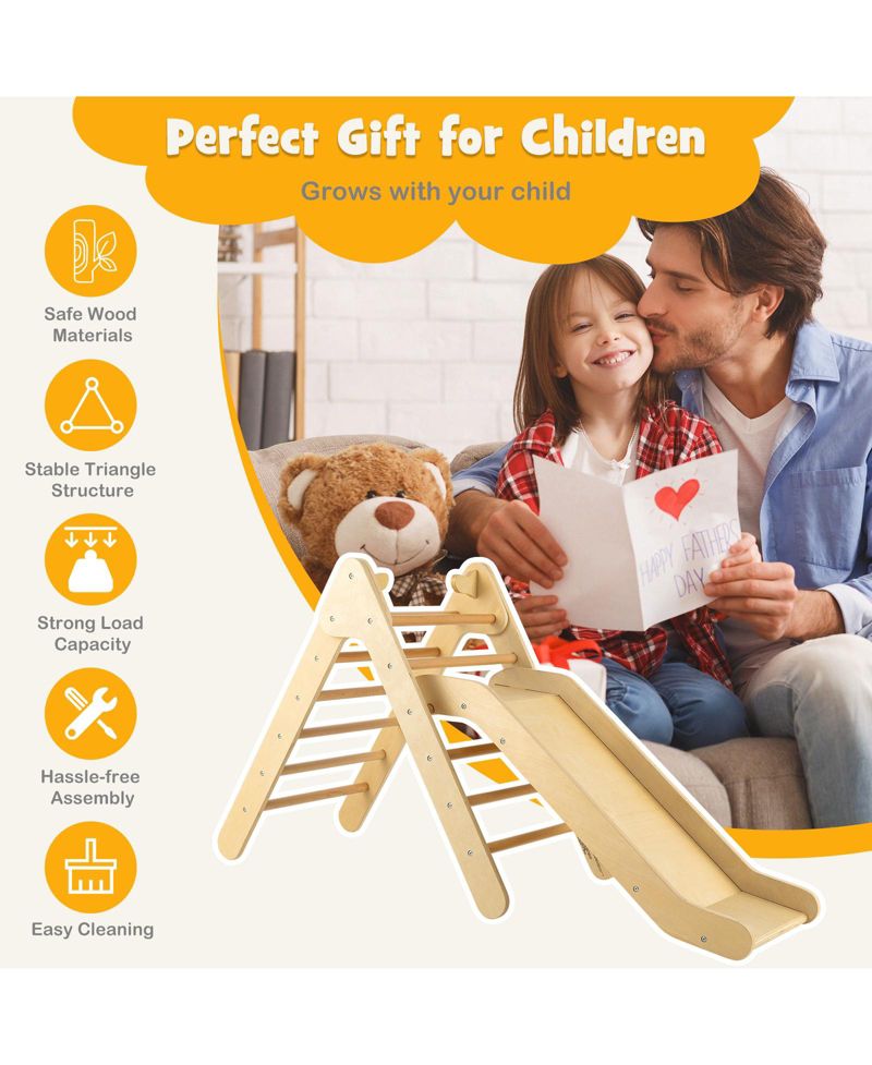 Ages 1+ 2-in-1 Wooden Triangle Climber with Adjustable Slide, 2-Piece Set