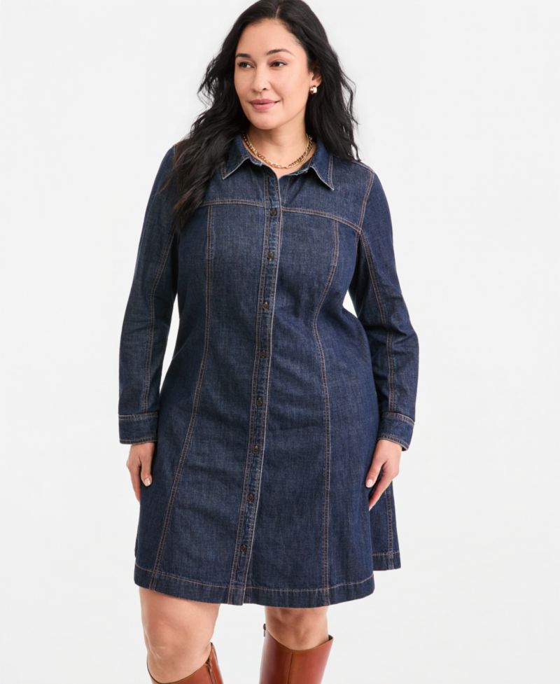 Plus Size Denim Long-Sleeve Mini Dress