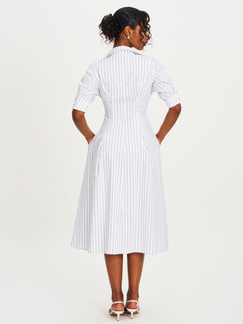 Women's Palina Pinstripes Cotton Poplin Pleated Midi Preppy Shirt Dress