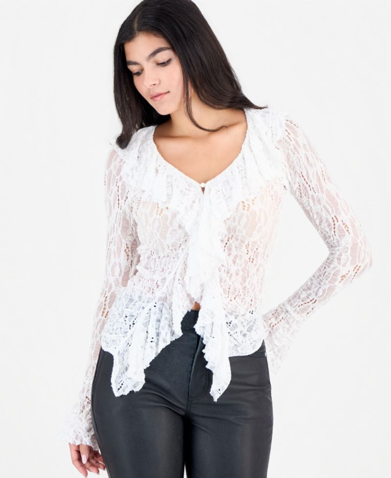 Women's Laney Sheer Ruffled V-Neck Cardigan Sweater