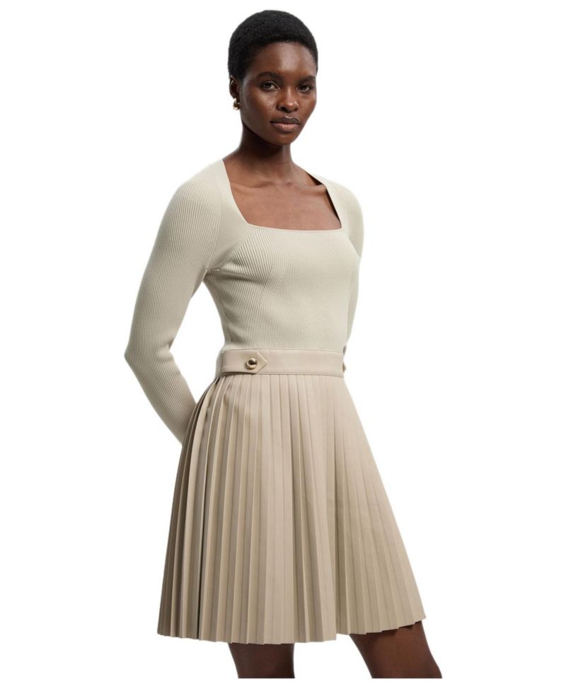 Women's Square Neck Pleated PU Skirt Mini Dress