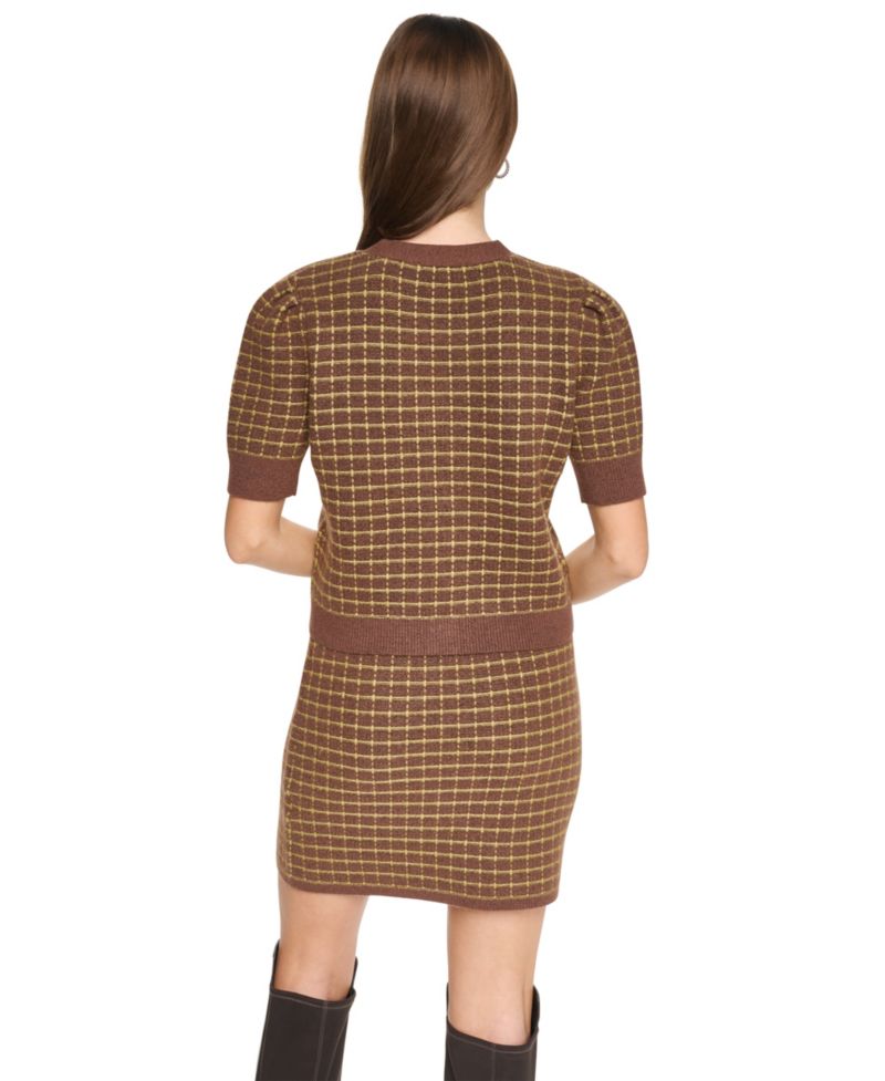 Women's Plaid Cropped Puff Short-Sleeve Cardigan