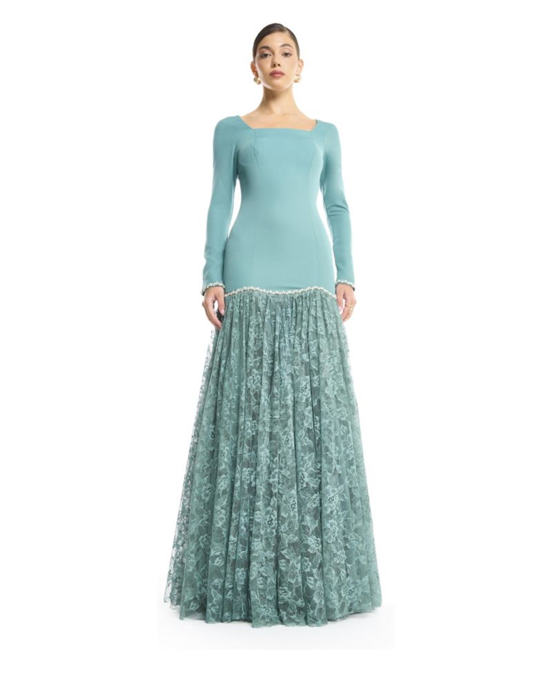 Women's Long Sleeve Square Neck Drop Waist Evening Dress