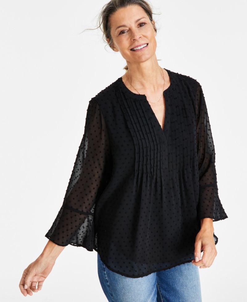 Women's Petite Textured Pintuck Ruffle Sleeve Top