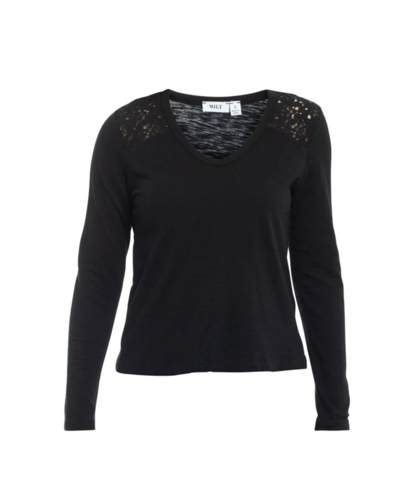 Women's Clothing V-Neck Long Sleeve Mixed Media Tee