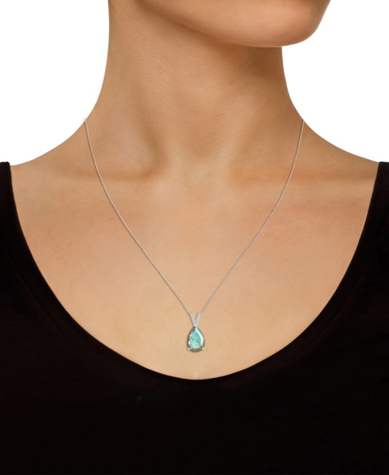 Labradorite & Diamond Accent Pear 18" Pendant Necklace in Sterling Silver (Also in Onyx)