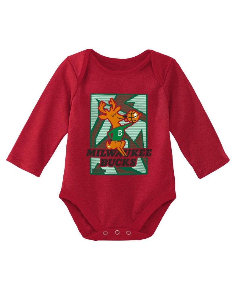 Infant Boys and Girls Hunter Green, Red Milwaukee Bucks Hardwood Classics Bodysuits and Cuffed Knit Hat Set