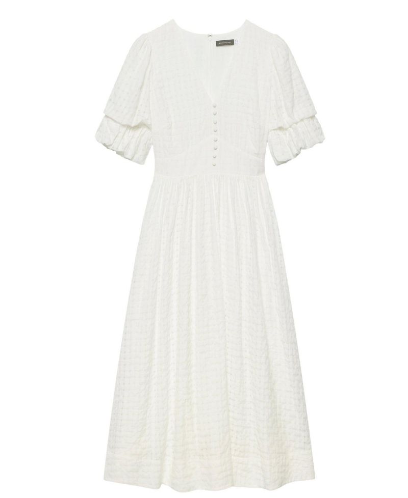 Women's Checked Puff-Sleeve V-Neck Midi Dress