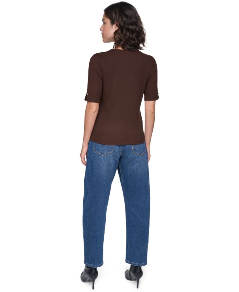 Petite Short-Sleeve Crewneck Ribbed-Knit Cotton-Blend Sweater