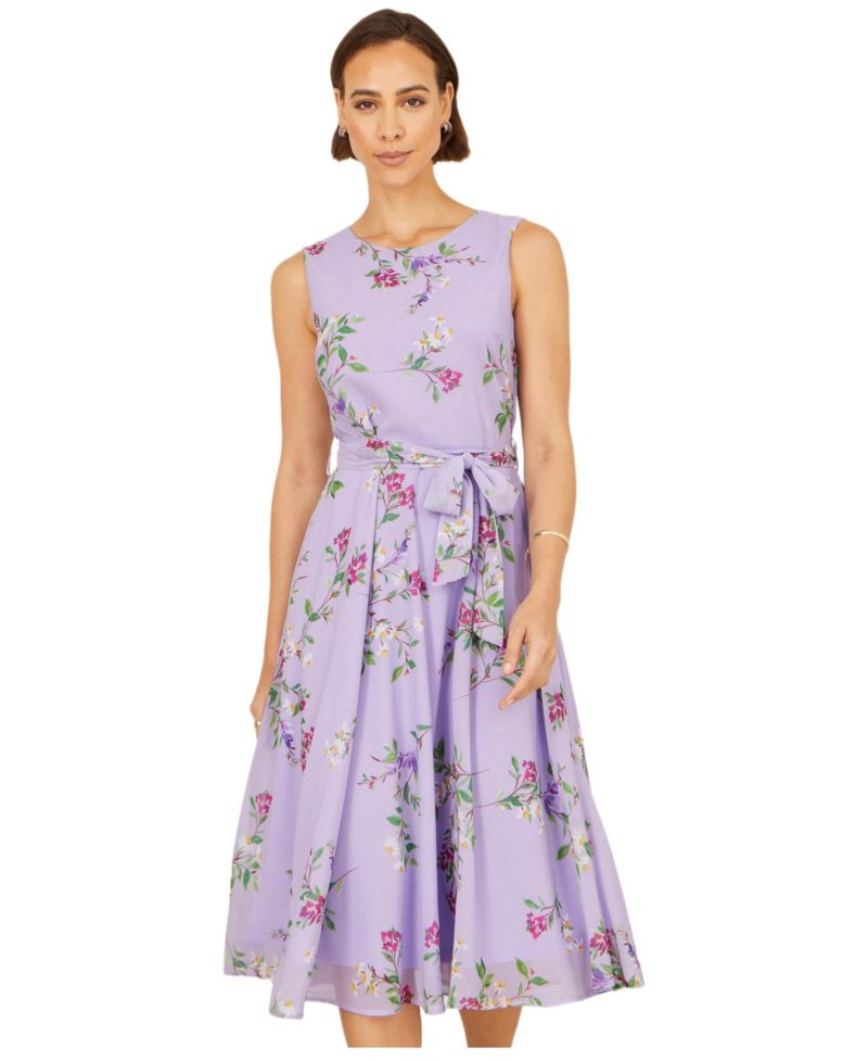 Women's Sleeveless Tie Waist Printed Midi Dress