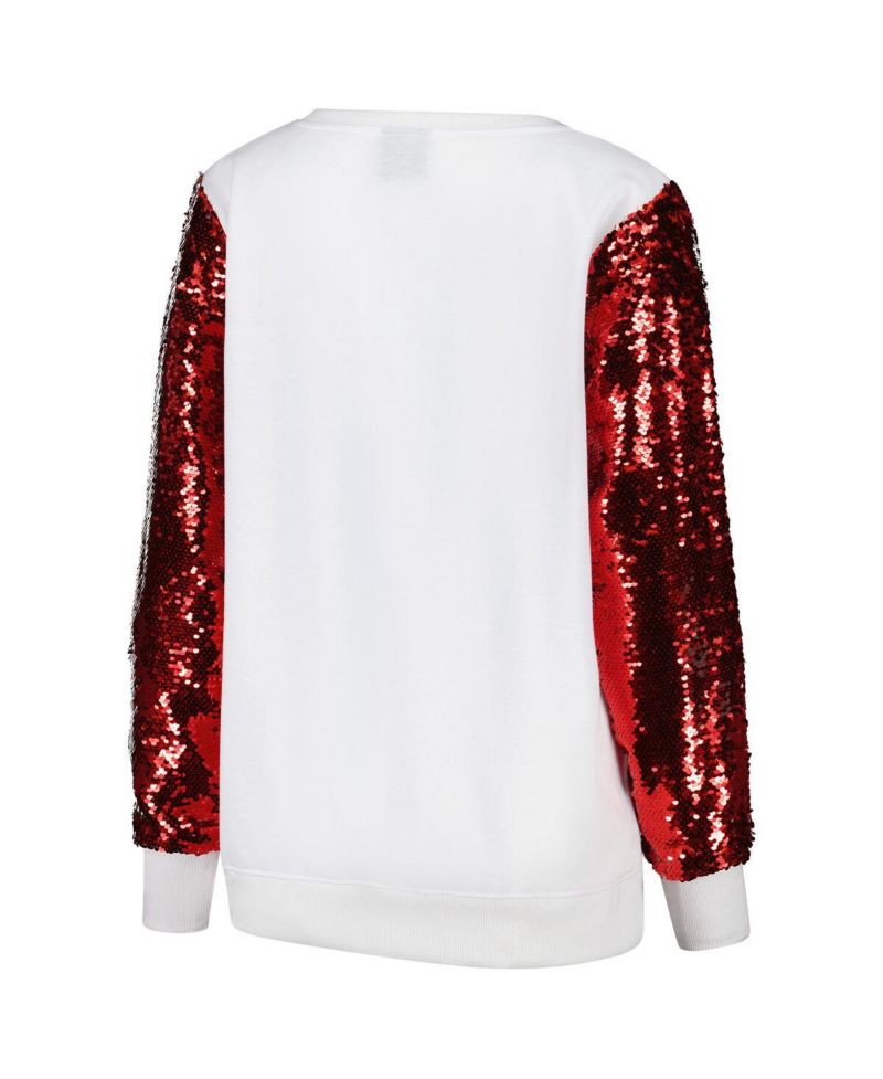 Women's White/Red San Francisco 49ers Sequin Sleeve V-Neck Pullover Sweatshirt