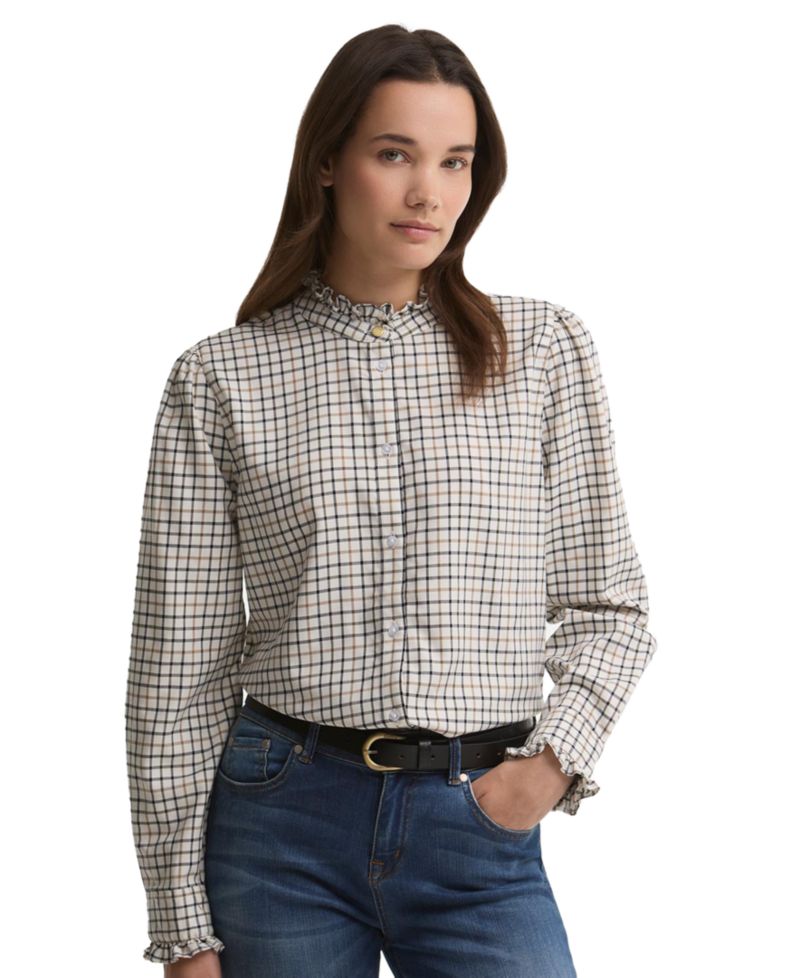 Women's Fareham Plaid Ruffle-Neck Lyocell-Blend Shirt