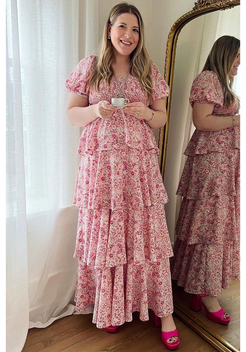 Women's Pink Floral Square Neck Ruffle Layered Maxi Dress