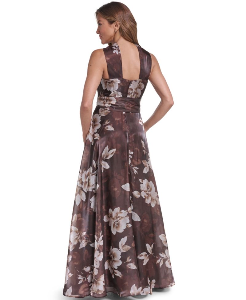 Women's Twist Neck Ballgown Floral Halter Wedding Guest Gown