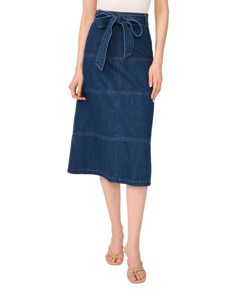 Women's Tie-Waist High-Waisted A-Line Midi Denim Skirt