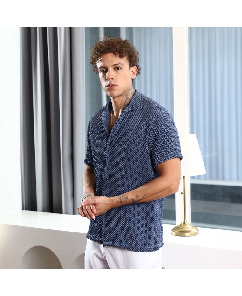 Men's Lapis Blue Puffy-Textured Shirt