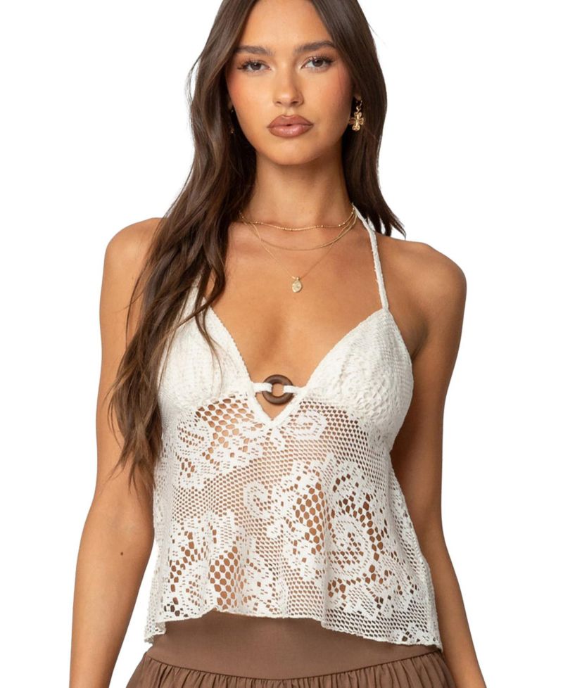 Women's Sheer Crochet Babydoll Halter Top