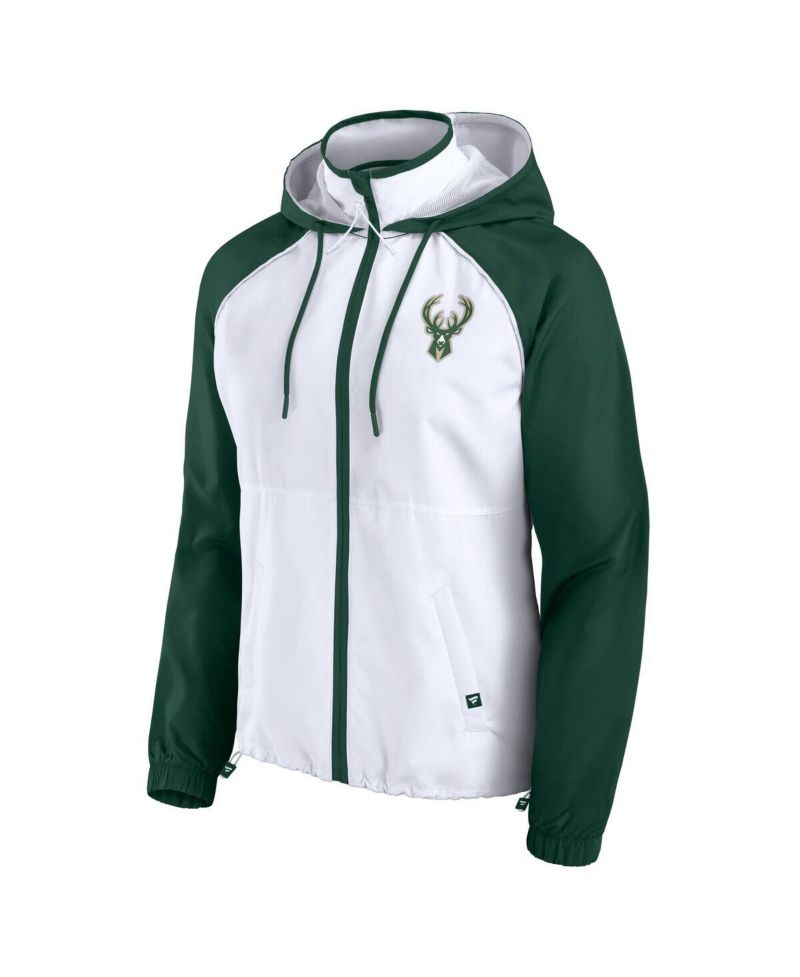 Women's White/Hunter Green Milwaukee Bucks Anorak Raglan Full-Zip Hoodie Jacket