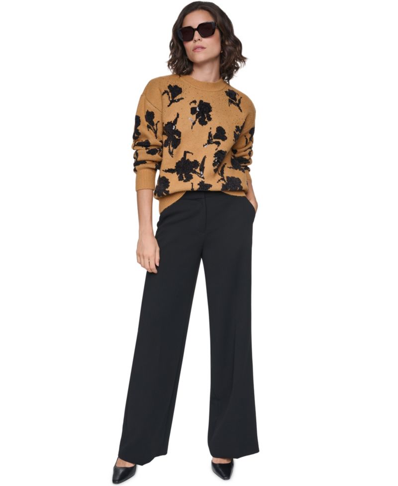 Women's Floral Sequin Crewneck Pullover Sweater