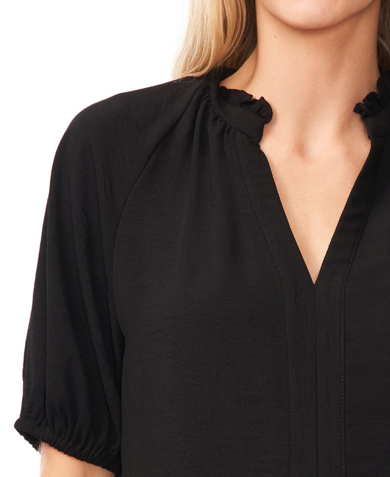 Women's Short Sleeve Ruffle Neck Raglan Split Neck Blouse