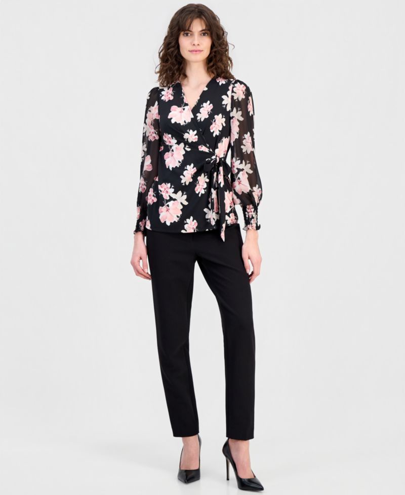 Women's Floral-Print Smocked-Cuff Wrap Top