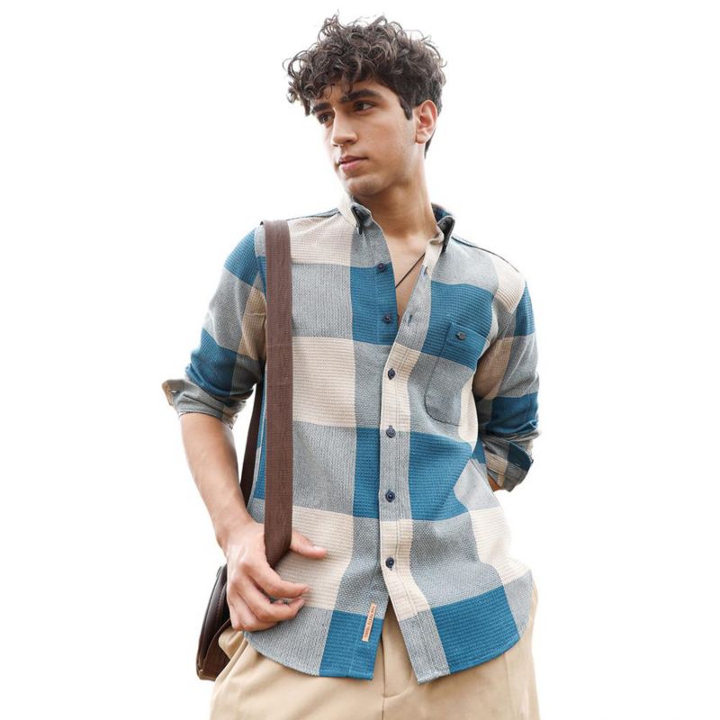 Men's Azure Blue & Off-White Buffalo-Woven Regular Shirt