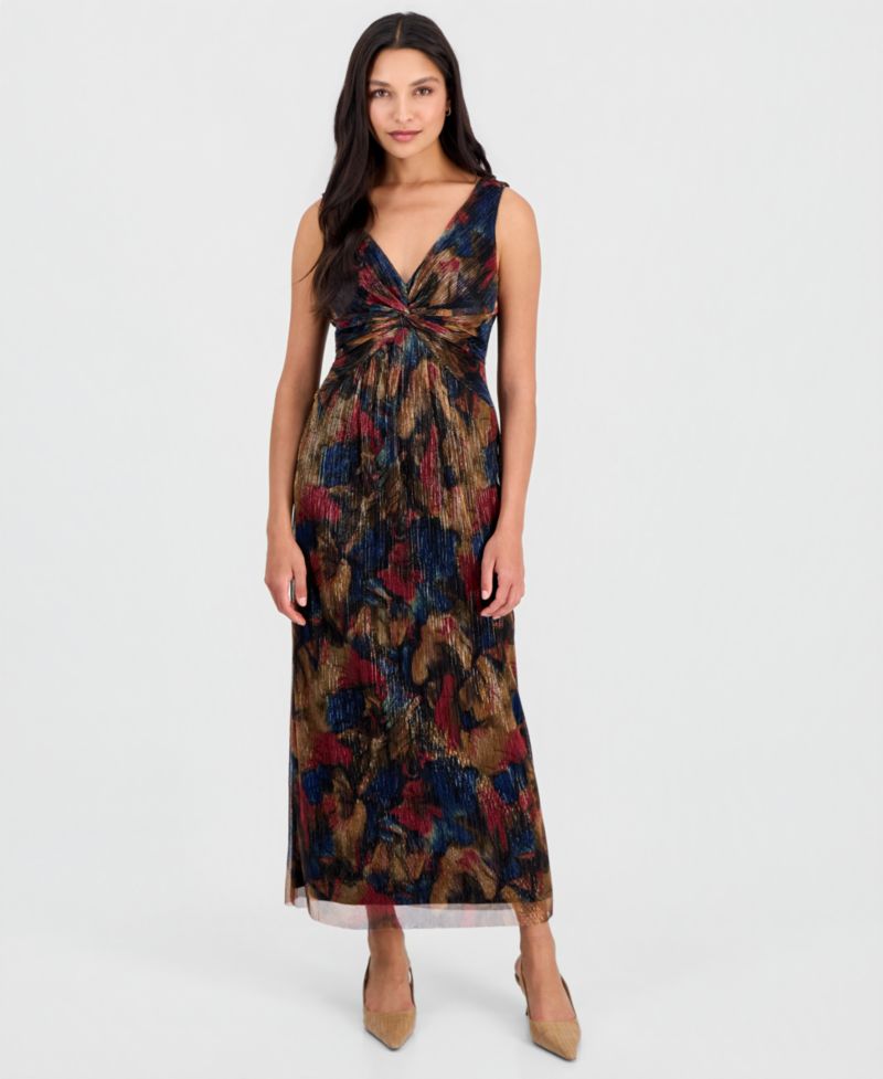 Petite Metallic-Print Twist-Front Sleeveless Dress