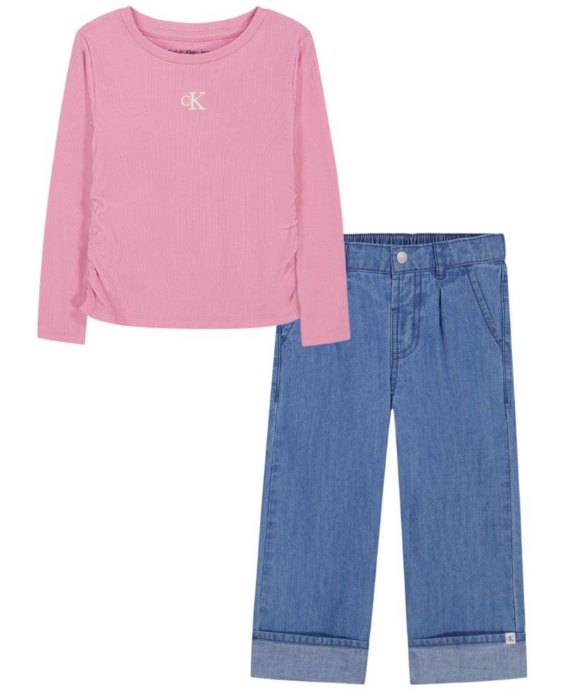 Toddler Girls' 2T-6X Monogram Ribbed Long-Sleeve Top and Wide-Leg Denim Pants, 2-Piece Set