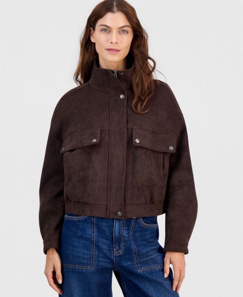 Petite Faux Suede Stand-Collar Bomber Jacket
