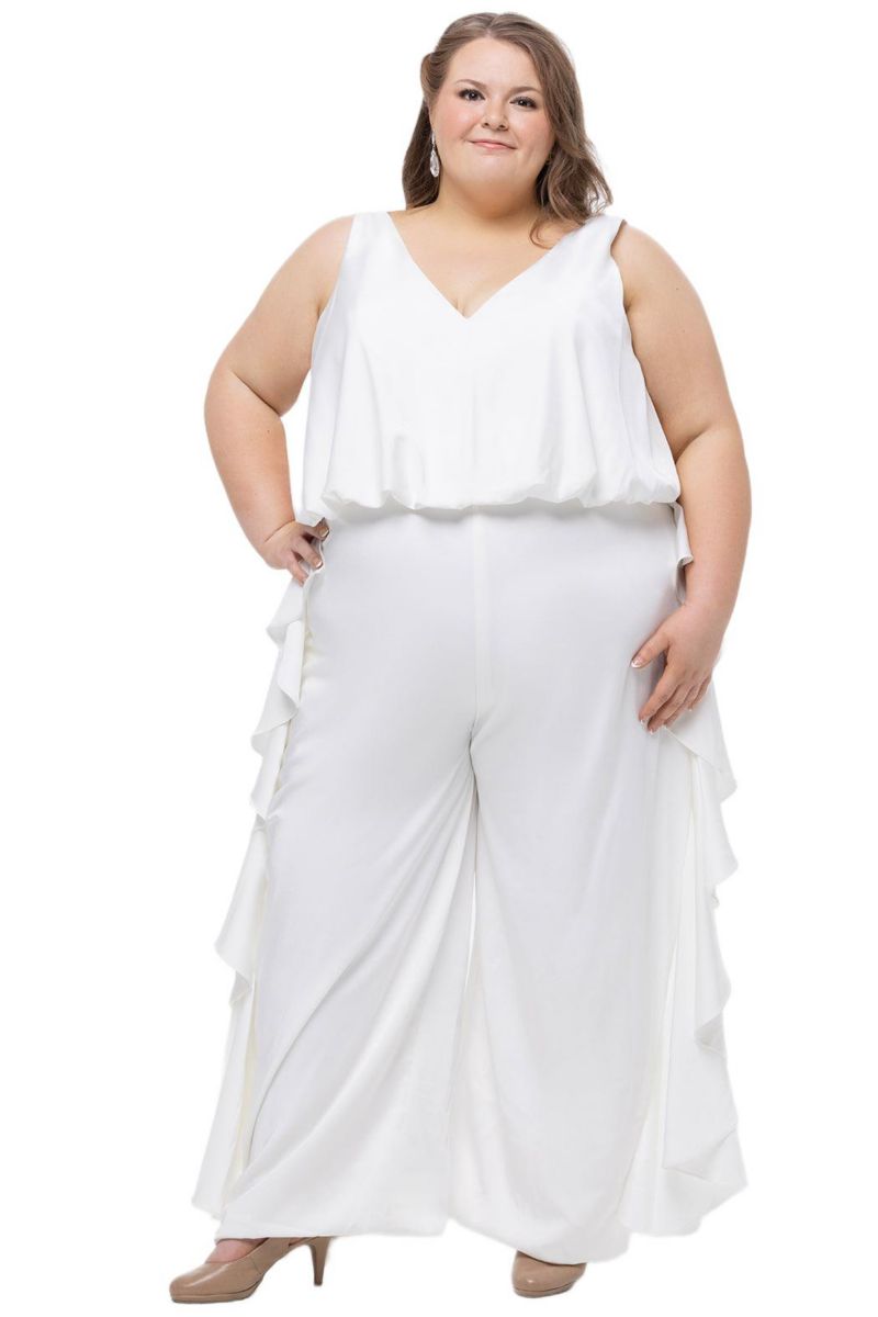 Women's V-Neck Stretch Satin Jumpsuit with Ruffles
