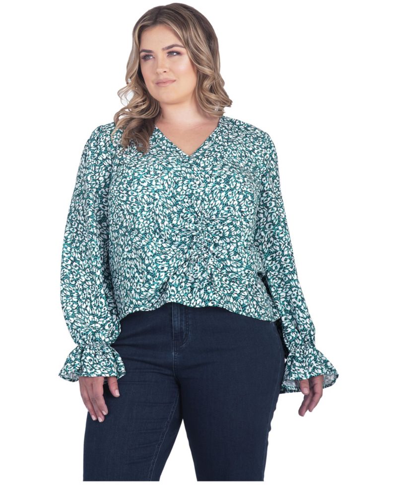 Plus Size Long Flute Sleeve V-Neck Blouse Tops