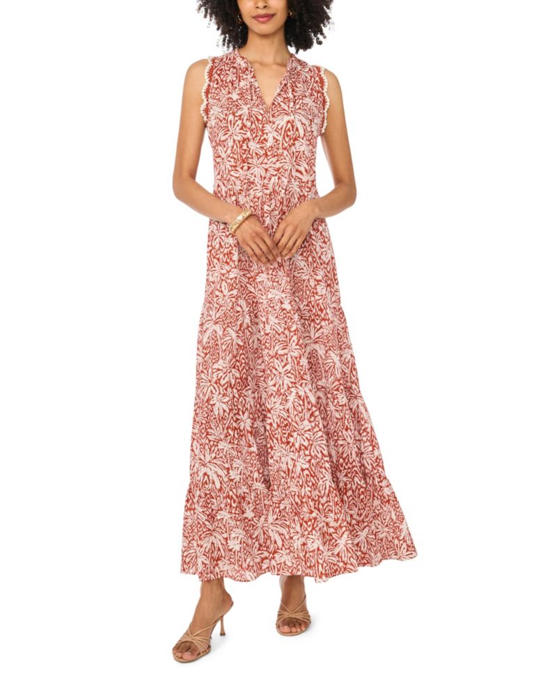 Women's Printed Sleeveless-Crocheted-Trim Maxi Dress