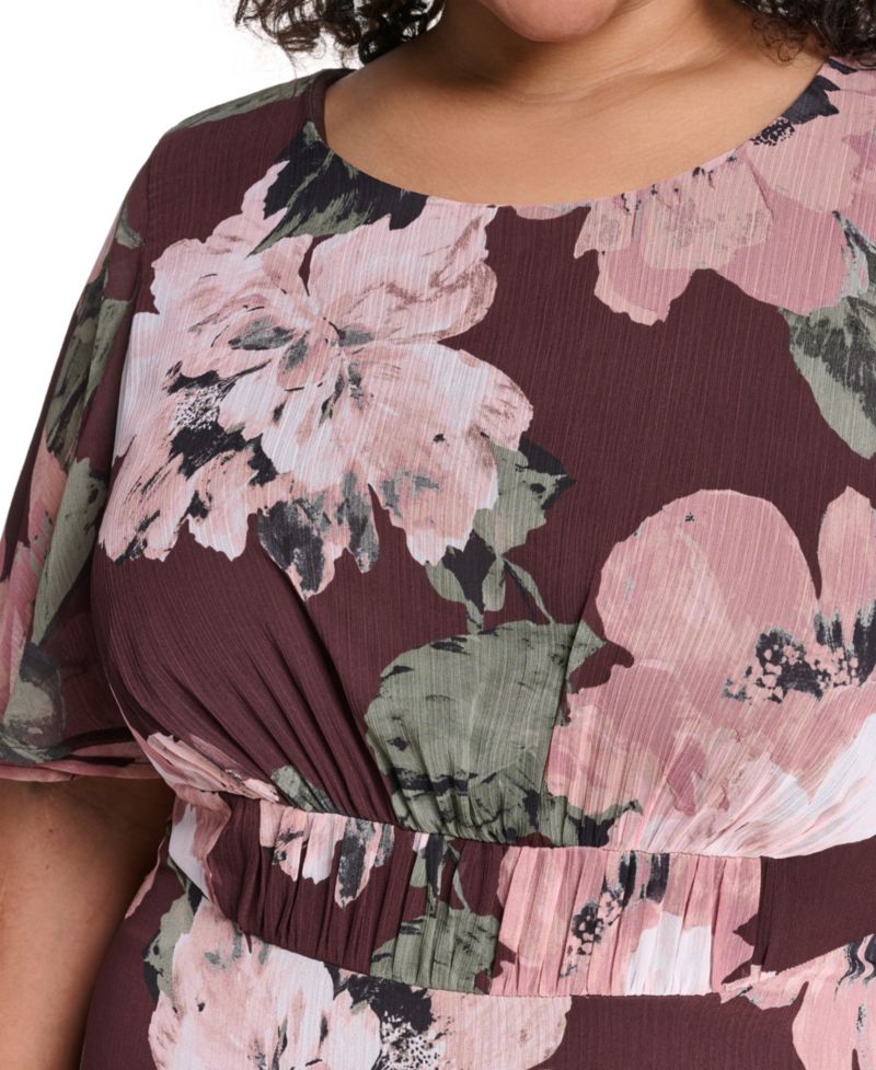Plus Flutter-Sleeve Floral Chiffon Fit & Flare Dress