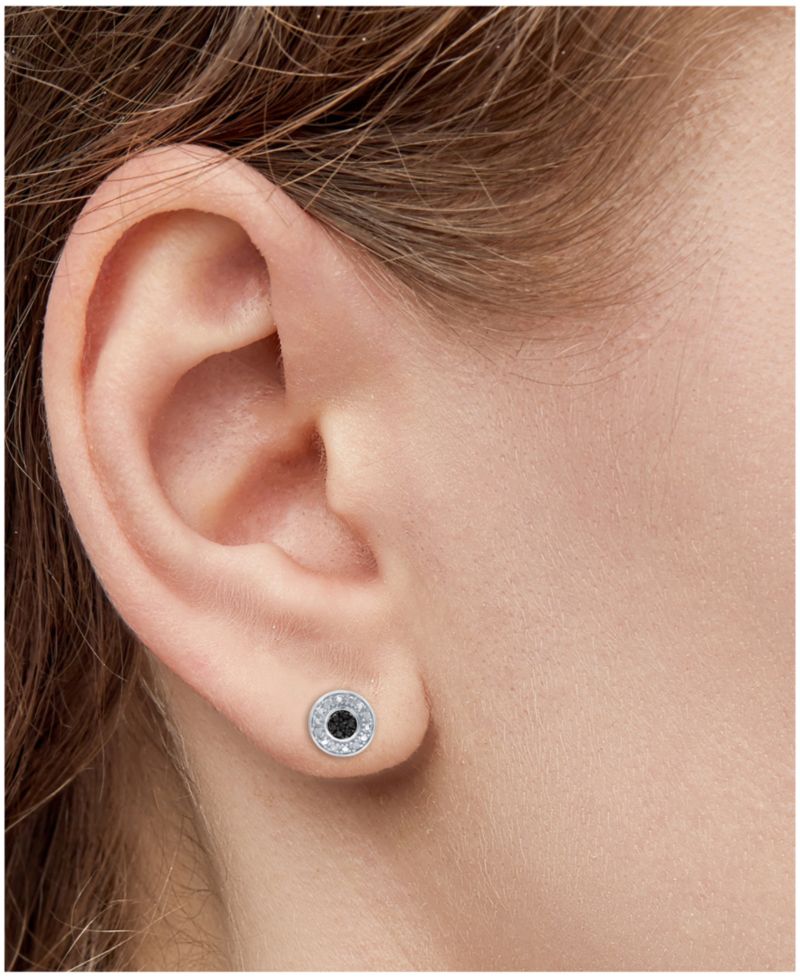 Black Diamond (1/20 ct. t.w.) & White Diamond (1/10 ct. t.w.) Halo Cluster Stud Earrings in Sterling Silver