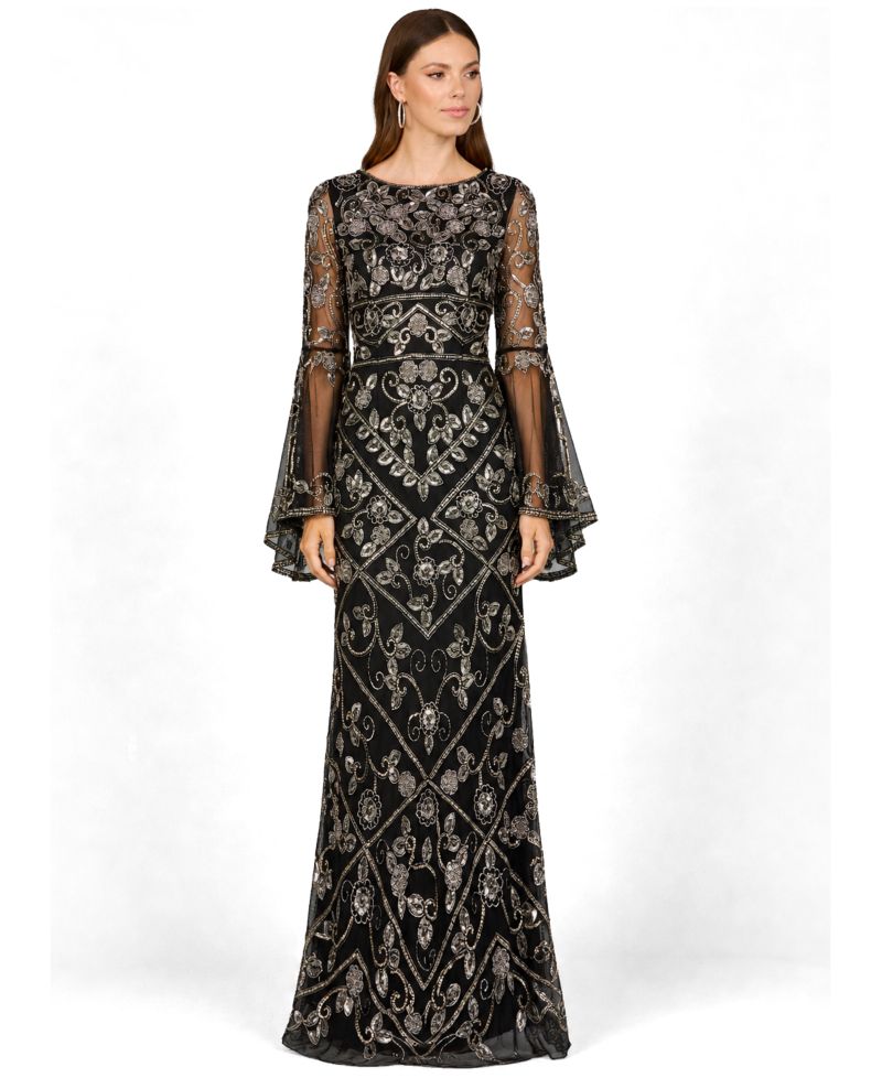 Women's Bell Sleeved High Neck Beaded Gown