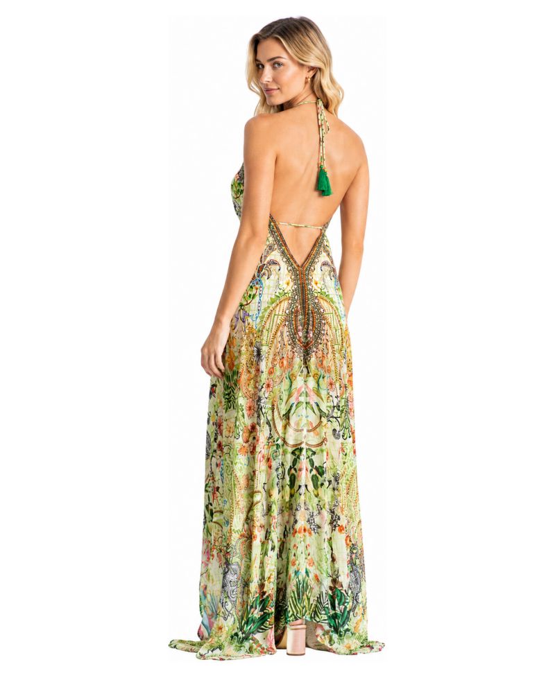 Women's Tropical Floral Halter-Plunge High-Low Maxi Dress