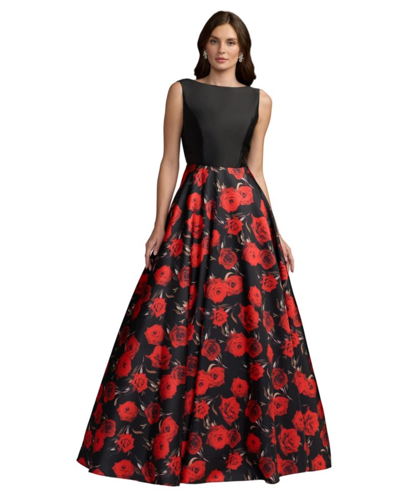 Petite Floral Printed Mikado Open Back Sleeveless Gown