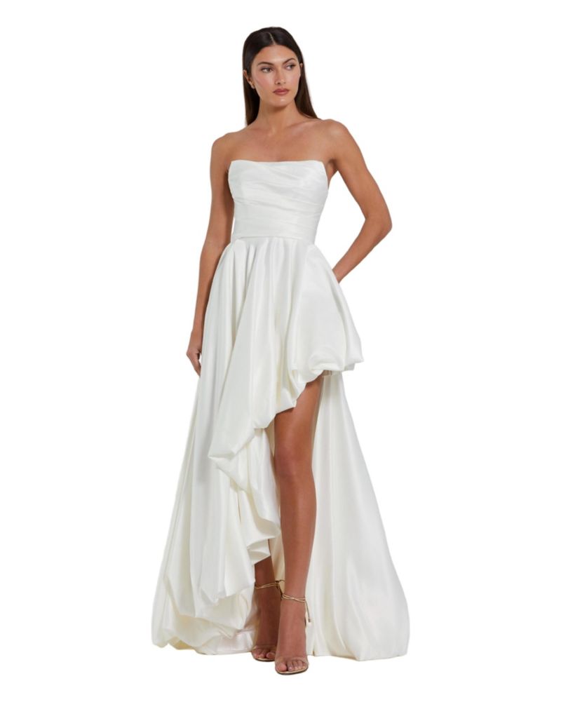 Women's Strapless High-Low Satin Gown with Draped Skirt